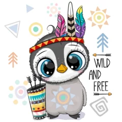 Fototapete Kinderzimmer Cartoon tribal Penguin with feathers on a white backgroun