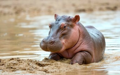 A cute baby hippopotamus playing in the mud 