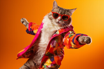cool looking dancing cat in sunglasses and colourful shirt on a yellow background