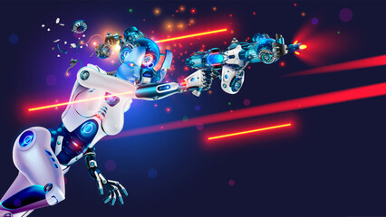Robot cyborg shoots gun. Shooter video game. Robot woman with AI running, shooting at laser or blaster. Cyborg shootout, fight. headshot. Rise of robots. Abstract Sci-fi futuristic video game, movie.