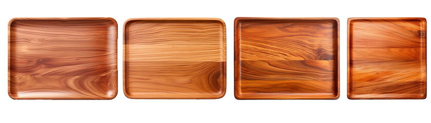 Set of top view rectangle wooden tray. Wood kitchen rectangle board. Wooden plates mock up, top view, for product display. Isolated on transparent background. Generative AI