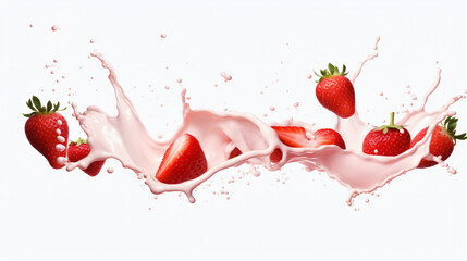 Milk or yogurt splash with strawberries isolated on white background