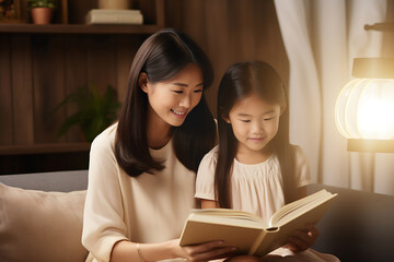 Obraz premium An Asian mother and daughter spend free time together by reading a book on a comfy sofa at home. Parent and family special time. Generative AI.