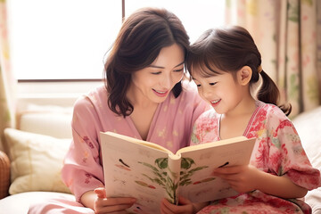 An Asian mother and daughter spend free time together by reading a book on a comfy sofa at home. Parent and family special time. Generative AI.