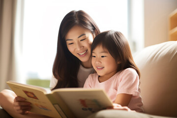 An Asian mother and daughter spend free time together by reading a book on a comfy sofa at home. Parent and family special time. Generative AI. - obrazy, fototapety, plakaty