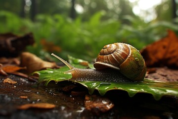 A snail crawls up a rain-soaked leaf
