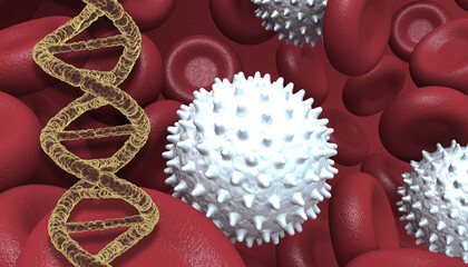 Virus with DNA strand on blue scientific background. 3d illustration..