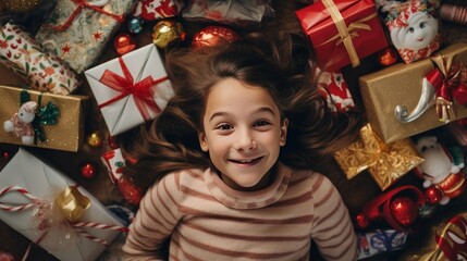 A happy girl with lots of Christmas presents or gifts around her, smiling and looking at a camera, aerial view, Xmas hoiday and celebration.