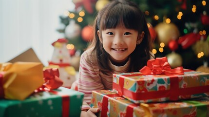 Fototapeta na wymiar A happy Asian girl with lots of Christmas presents or gifts around her, smiling and looking at a camera Xmas hoiday and celebration.
