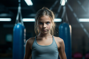 Fototapeta premium The portrait of a confident little female boxing fighter posing by rising her fits shot in a gym with punching bags. Generative AI.