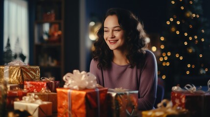A happy woman with lots of Christmas presents or gifts around her, smiling and looking at a camera Xmas hoiday and celebration.