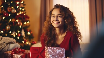 A happy woman with lots of Christmas presents or gifts around her, smiling and looking at a camera Xmas hoiday and celebration.