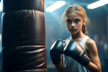 The portrait of a confident little female boxing fighter posing by rising her fits shot in a gym with punching bags. Generative AI.