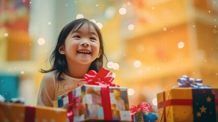 Fototapeta na wymiar A happy Asian girl with lots of Christmas presents or gifts around her, smiling and looking at a camera Xmas hoiday and celebration.
