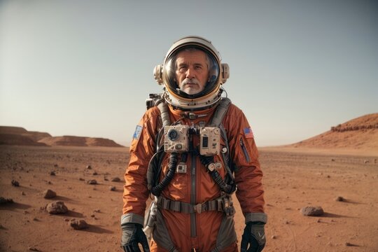 An elderly male astronaut wearing an orange spacesuit in the planet Mars.