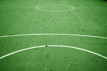 Green basketball court in autumn with fallen leaves on it.