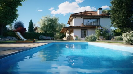 Fototapeta premium Luxury beach house with sea view swimming pool and terrace in modern design. Lounge chairs on wooden floor deck in holiday home or hotel. Contemporary holiday villa exterior.