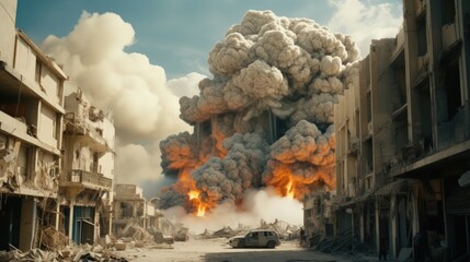 A post-apocalyptic ruined city. Destroyed buildings, burnt-out vehicles and ruined roads.