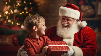 Fototapeta na wymiar Santa Claus gives a Christmas present or gift to a happy and excited little boy with Xmas atmostphere background. Merry christmas and happy new year concept.