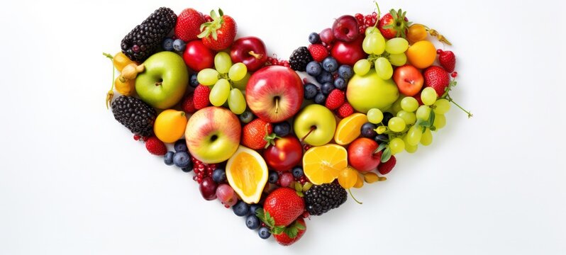 Creative diet food healthy eating concept photo of heart made of fresh fruits and summer berries full of vitamins as a symbol of romance love valentine holiday on white background.