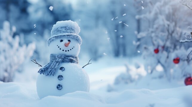 Happy smiling joyful snowman in Xmas day with outdoor winter scene in the background. Merry Christmas and happy new year concept.