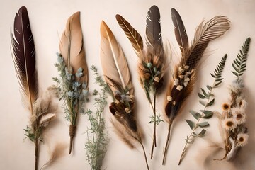 feather of the bird with flowers on simple background 