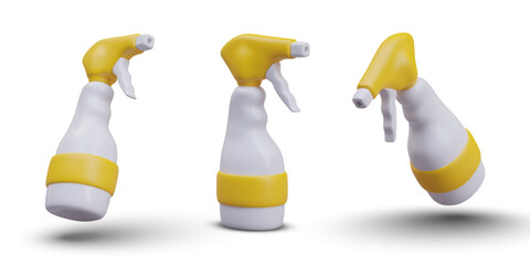 Plastic white bottle with yellow stripe and spray nozzle. Liquid spray pistol. Inventory for cleaning, gardening, moistening of plants. Set of 3D vector illustrations