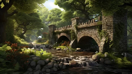 Fototapeten A charming, ivy-covered stone bridge spanning a babbling brook in the heart of the countryside, surrounded by lush greenery, AI generated, background image © Hifzhan Graphics