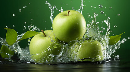 Water splashing on Fresh green apple on Green background