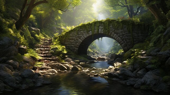 A charming, ivy-covered stone bridge spanning a babbling brook in the heart of the countryside, surrounded by lush greenery, AI generated, background image