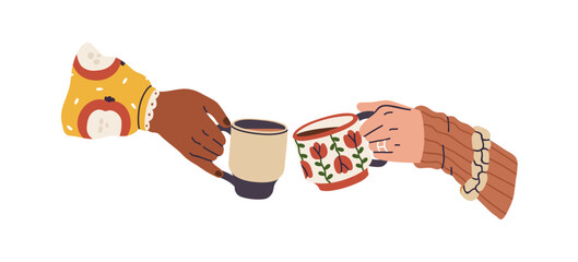 Coffee cups cheers. Friends couple celebrating holiday, holding hot winter drinks. People hands meeting, tea and cacao mugs clinking. Flat graphic vector illustration isolated on white background