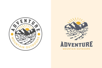 mountain landscape with rocks at sunrise for Hipster Adventure Traveling logo can be used biker cross