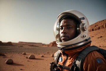 Obraz na płótnie Canvas Close-up of an African American Male Astronaut wearing an orange spacesuit in the planet Mars, Copy Space