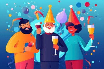 a diverse people wearing colorful party hats Celebrate new year party, illustration