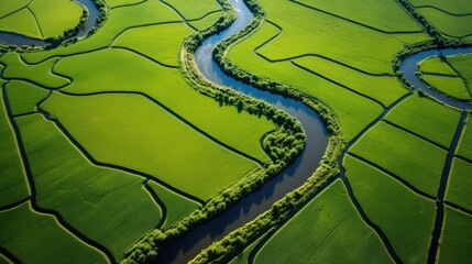 Obraz premium Aerial shot of curves and lines in a Dutch agricultural landscape. This natural waterway (Kromme Raken) flows through land which was cultivated centuries ago. The allotments changed several times sinc