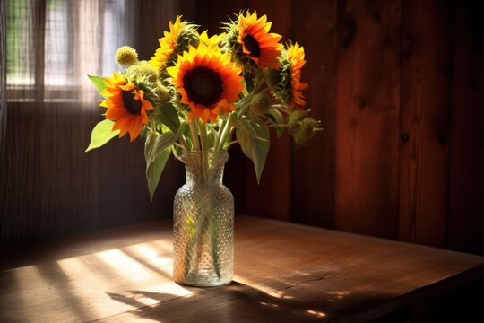 A rustic wooden table with a bouquet of vibrant sunflowers placed in a glass
