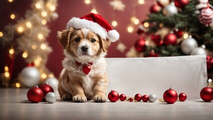 Cute puppy wearing Santa Claus red hat sits in the red box under the Christmas tree. Merry Christmas and Happy New Year decoration - balls, toys and gifts around. X-mas postcard