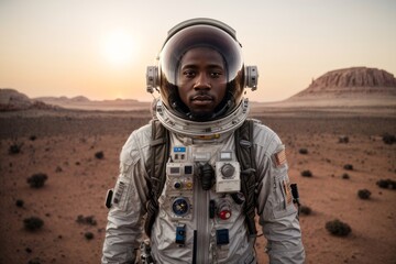 Close-up portrait of an African American Male Astronaut wearing a silver spacesuit in the planet Mars. Copy Space - obrazy, fototapety, plakaty