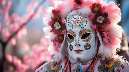 Busojaras carnival. Unidentified person wearing mask for spring greetings. in Mohacs, Hungary.
