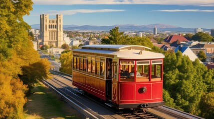 Cable car with Canterbury Museum in the background, Christchurch, New Zealand.
 - obrazy, fototapety, plakaty