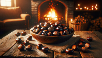 Bowl of chestnuts on a wintery table at Christmas time