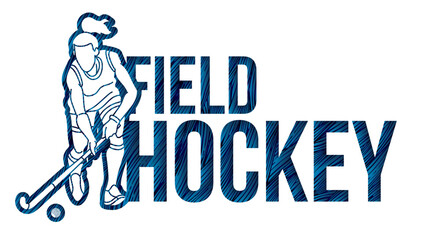 Field Hockey Font Design with Female Player Action Cartoon Graphic Vector