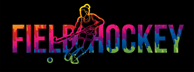 Field Hockey Font Design with Female Player Action Cartoon Graphic Vector