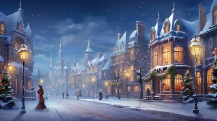 Victorian architecture cityscape with festive decorations and snowfall. People stroll under street lamps on winter night. Winter holiday city life. - obrazy, fototapety, plakaty