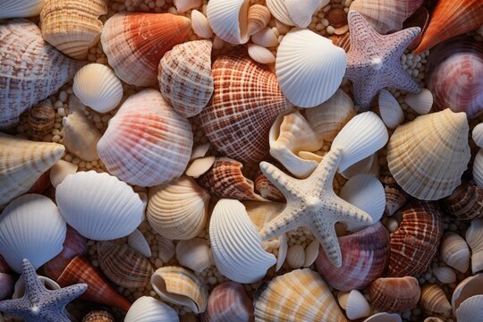 A variety of seashells with ocean water gently running through