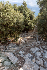 Stone  steps lead to one of the watchtowers in the medieval fortress of Nimrod - Qalaat al-Subeiba, located near the border with Syria and Lebanon on the Golan Heights, in northern Israel