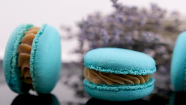 swirling blue macaron lavender or bru cheese flavor on black plate swirling delicious dessert restaurant serving sweetness french dessert lunch chef dish