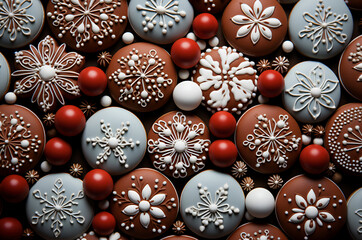 Christmas background with gingerbread cookies decorated with icing, top view