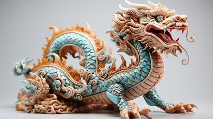 Chinese dragon sculpture isolatted, 2024 New Year symbol. Traditional Chinese New Year, Christmas, winter holidays festive postcard,Generative ai.