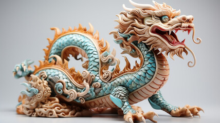 Fototapeta premium Chinese dragon sculpture isolatted, 2024 New Year symbol. Traditional Chinese New Year, Christmas, winter holidays festive postcard,Generative ai.